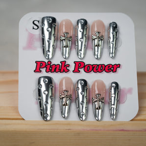 Pink Power Press On Nails- Silver Rain Drop