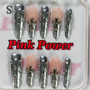 Pink Power Press On Nails- Silver Rain Drop