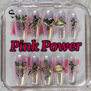 Pink Power Press on Nails- Silver Pearl Butterfly