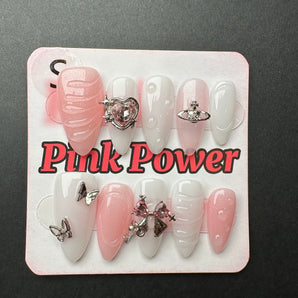 Pink Power Press on Nails- Pink Silver Heart