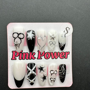 Pink Power Press on Nails- Black and White Ribbon Star