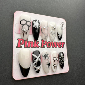 Pink Power Press on Nails- Black and White Ribbon Star