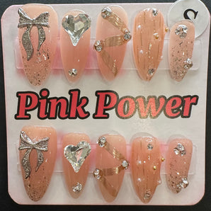 Pink Power Press on Nails- Nude Silver Ribbon