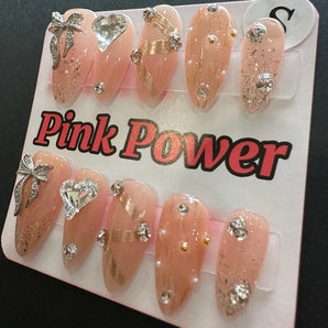 Pink Power Press on Nails- Nude Silver Ribbon