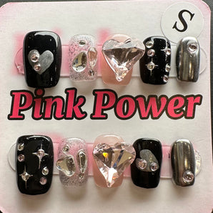 Pink Power Press on Nails- Black Pink Heart Short