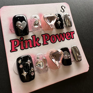 Pink Power Press on Nails- Black Pink Heart Short