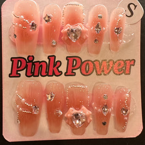 Pink Power Press on Nails- Pink Ribbon with Diamond Heart