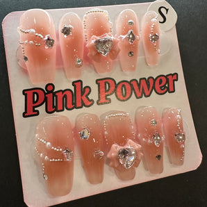 Pink Power Press on Nails- Pink Ribbon with Diamond Heart