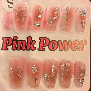 Pink Power Press on Nails- Nude Butterfly Short