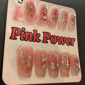 Pink Power Press on Nails- Nude Butterfly Short