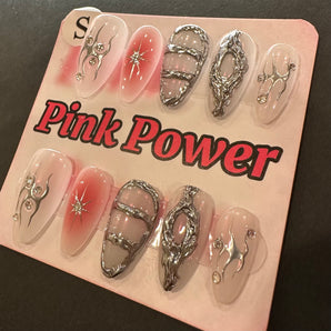 Pink Power Press on Nails- Pink Silver Eve