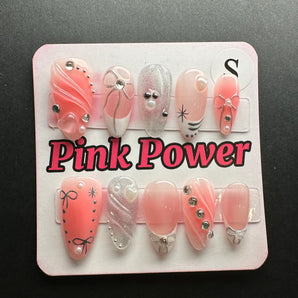 Pink Power Press on Nails- Bright Pink Shell with Ribbon