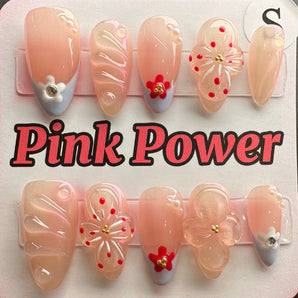 Pink Power Press on Nails- Flower Firework Nude