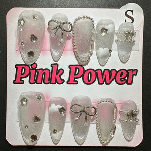 Pink Power Press on Nails- Silver Cloud with Ribbon