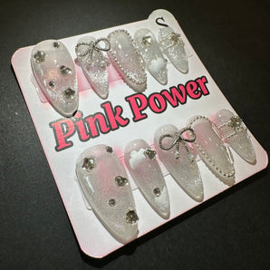 Pink Power Press on Nails- Silver Cloud with Ribbon