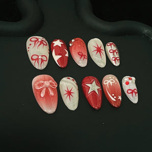 Pink Power Press on Nails- Red Ribbon with Star